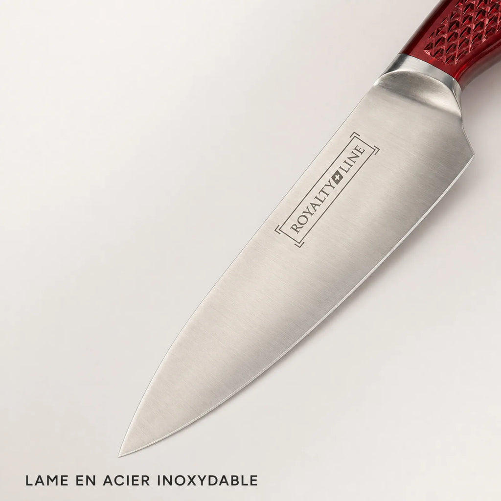 Gros plan sur la lame en acier inoxydable d’un couteau Royalty Line RL-KSS530