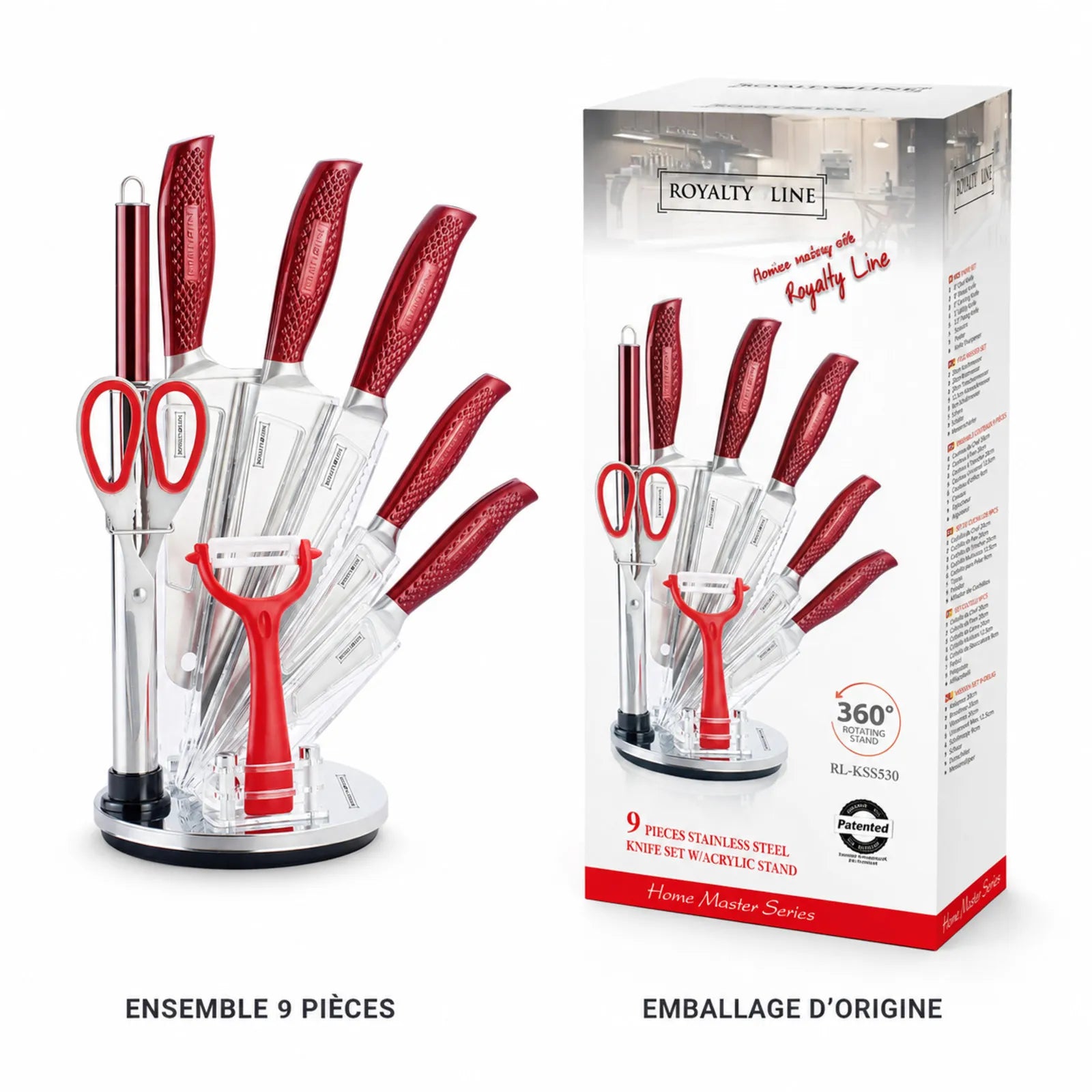 Set de couteaux Royalty Line RL-KSS530 9 pièces présenté avec son emballage d’origine