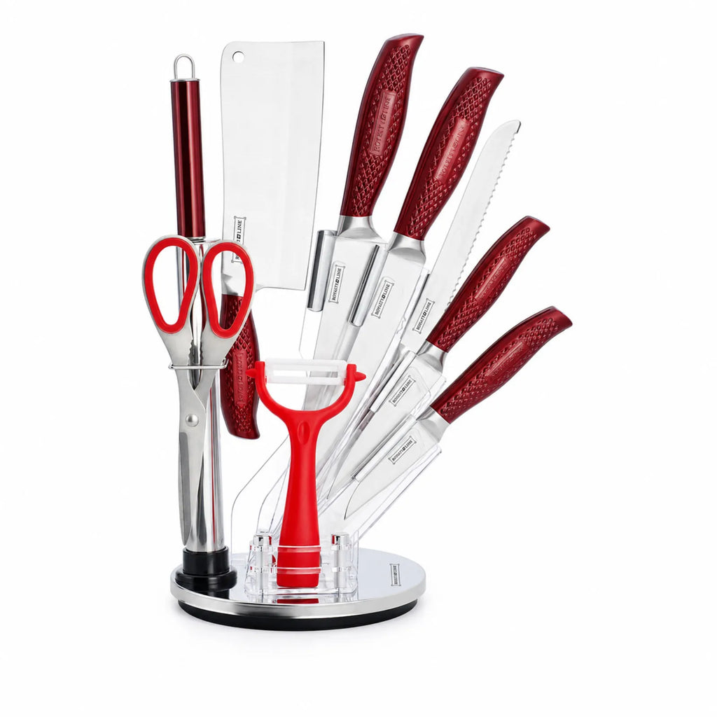 Set de 9 pièces Royalty Line RL-KSS530 avec couteaux de cuisine rouges et support rotatif