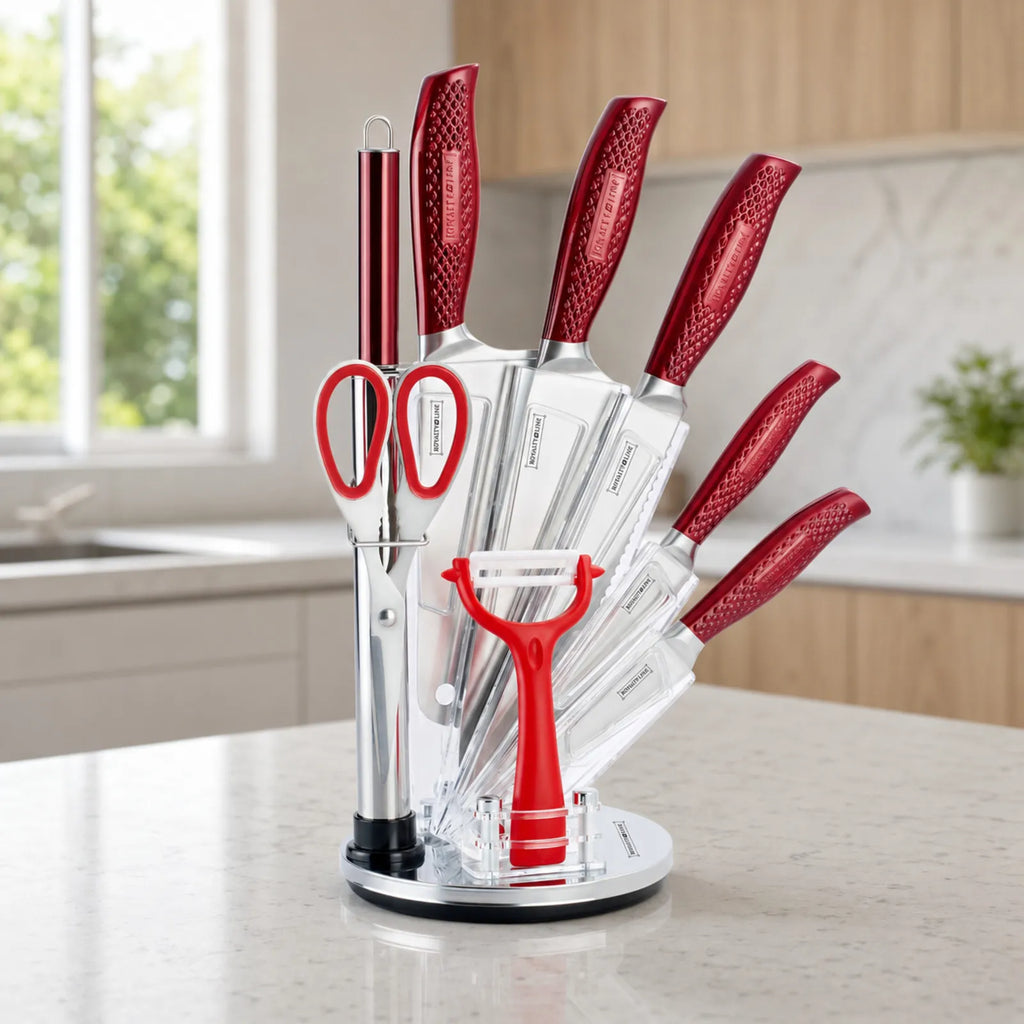 Set de couteaux Royalty Line RL-KSS530 rouge avec support présenté sur un plan de travail de cuisine
