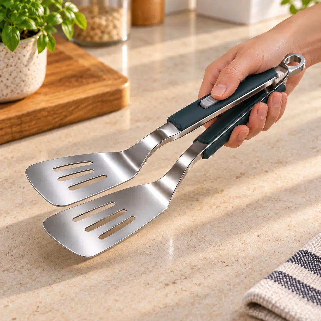 Main tenant une spatule-pince 2-en-1 légèrement ouverte dans une cuisine