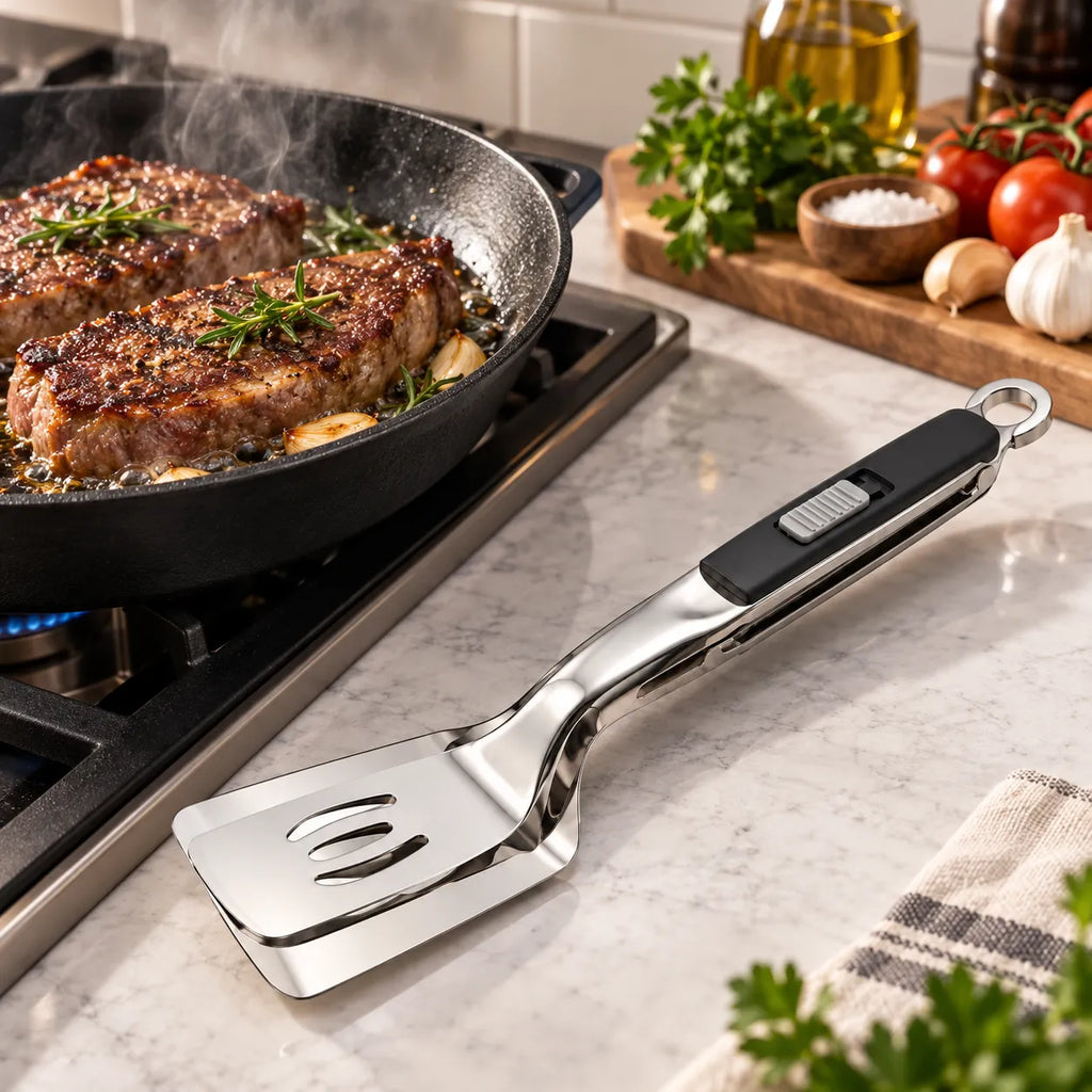 Spatule pince multifonction en acier inoxydable posée sur un plan de travaille à côté d'une plaque de  cuisson  à côté d'une poêle en fonte contenant des steaks en train de cuire avec du romarin et de l'ail.