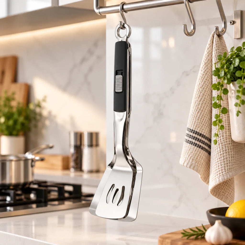 Spatule pince 2-en-1 en acier inoxydable et manche noir suspendue à un crochet dans une cuisine moderne en marbre. L'ustensile de cuisine est rangé à côté d'un torchon et d'une plante.