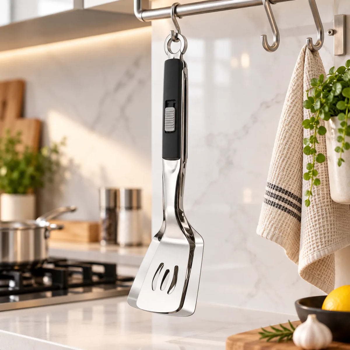Spatule pince 2-en-1 en acier inoxydable et manche noir suspendue à un crochet dans une cuisine moderne en marbre. L'ustensile de cuisine est rangé à côté d'un torchon et d'une plante.