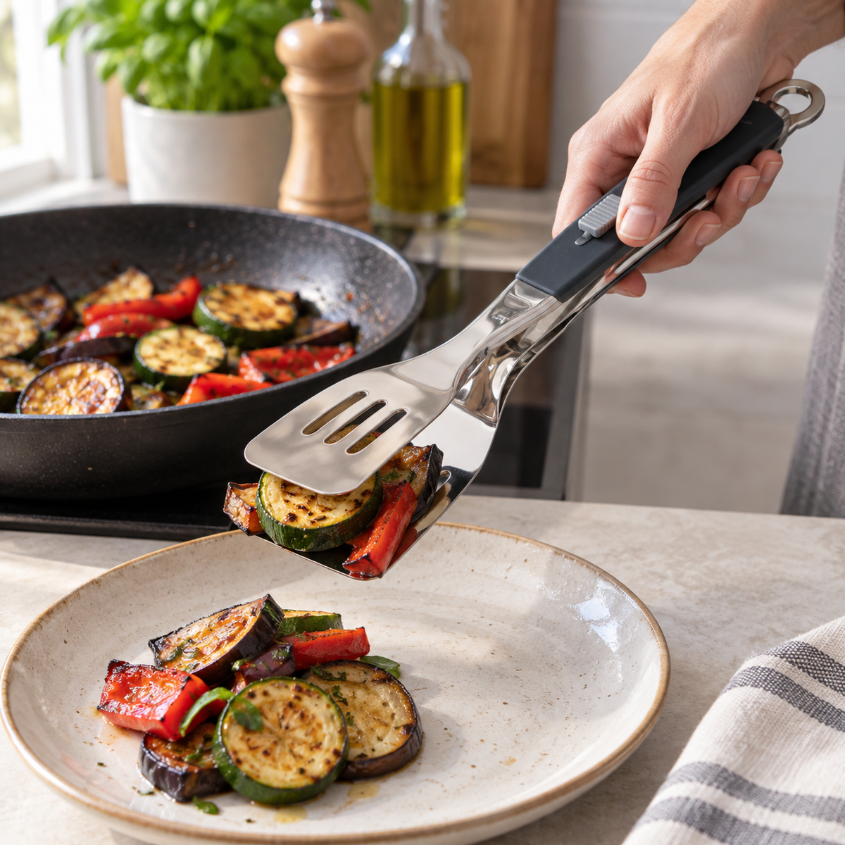 Spatule-pince 2-en-1 servant des légumes grillés dans une assiette